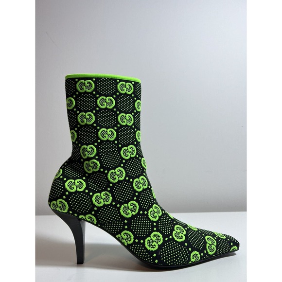GUCCI 1250$ Women's Black Green GG Knit Ankle Boots - Pointed Toe G EU 37.5 - Picture 1 of 9